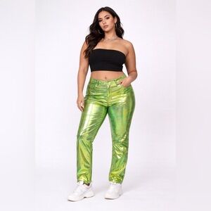 Magnet Green Holographic Skinny Jeans Pants Y2K Nightclub Streetwear Size 32